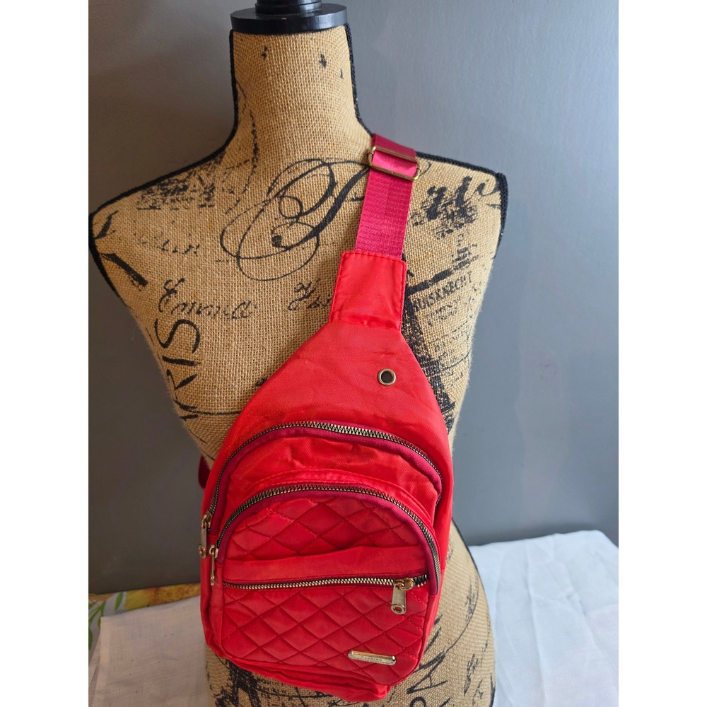 Red Quilted Sling Bag Crossbody Nylon Multi Pocket Gold Hardware Adjustable